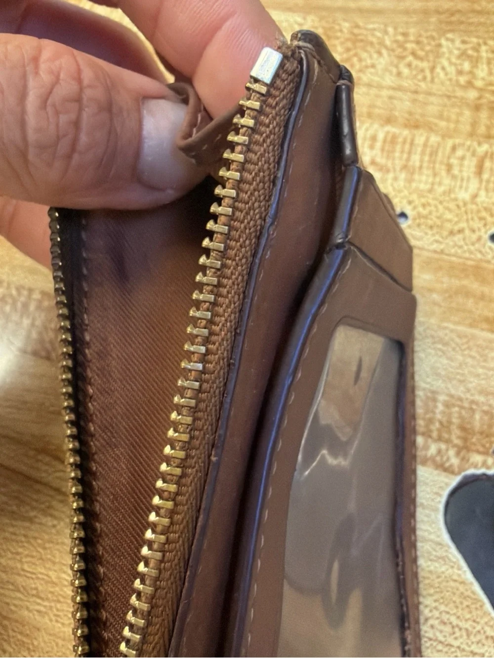 Coach Brown Leather Zip Card Case with Silver Logo